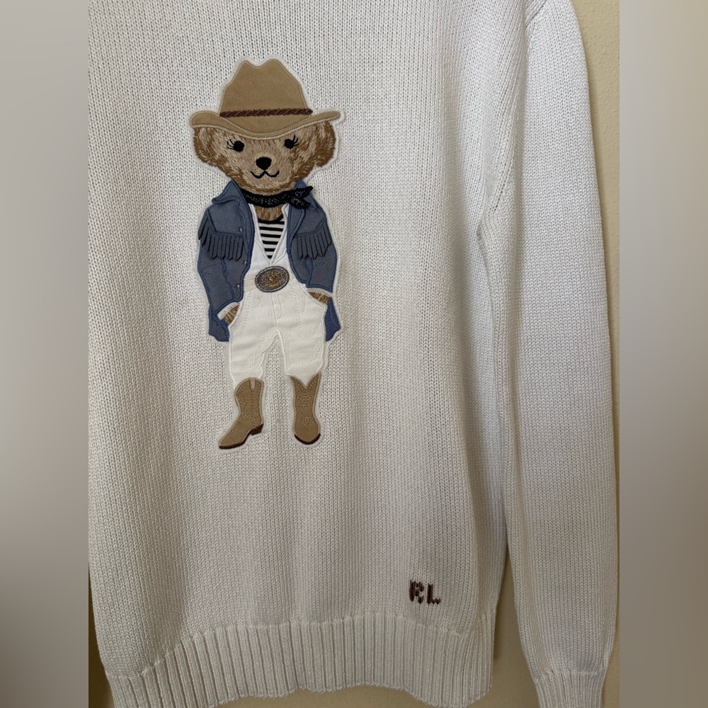 Ralph Lauren Purple Label New Hamptons Spring Polo Bear Silk Sweater White Small - Picture 2 of 12